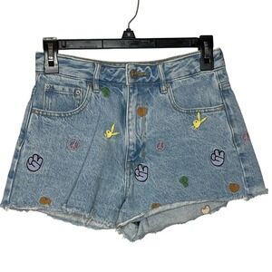 Playboy by PacSun Light Wash Embroidered Denim Shorts 26 High Rise Frayed Hem